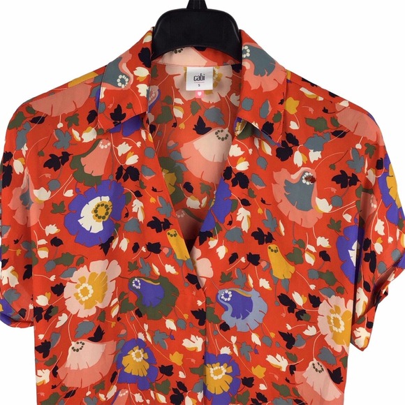 Cabi | Top Floral Visionary Replay Orange Short Sleeve V Neck Collar Size Small - Picture 3 of 6